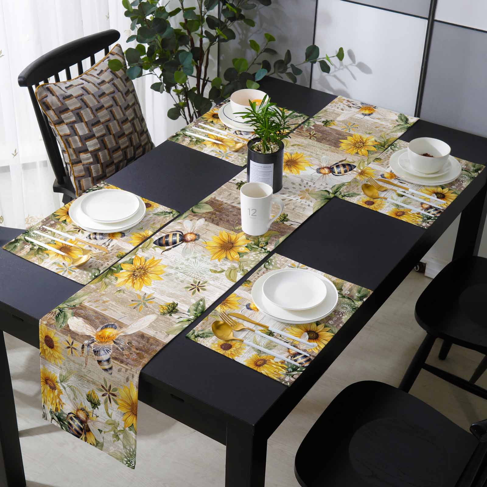 Bee Floral Placemats Set of 4 with 70 Inches Long Table Runners,Retro ...