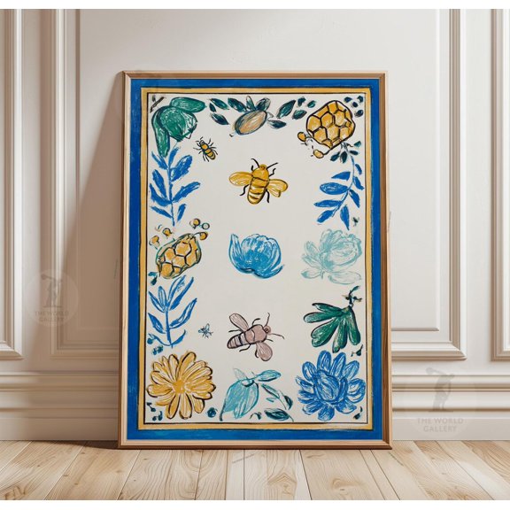 Bee Floral Poster Folk Art Illustration Botanical Nature Wall Decor, Unframed Poster