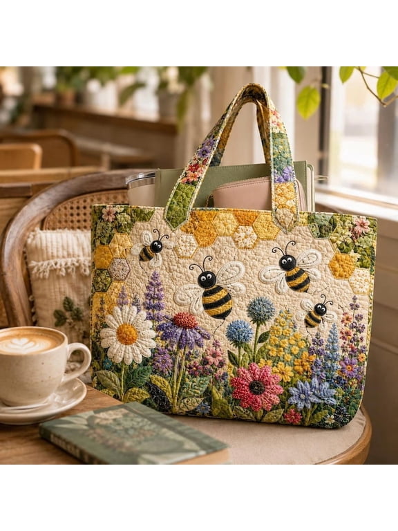 Bee Floral Quilted Tote Bag, Honey Bee Shoulder Bag, Wildflower Patchwork Purse, Cottagecore Garden Gift for Her