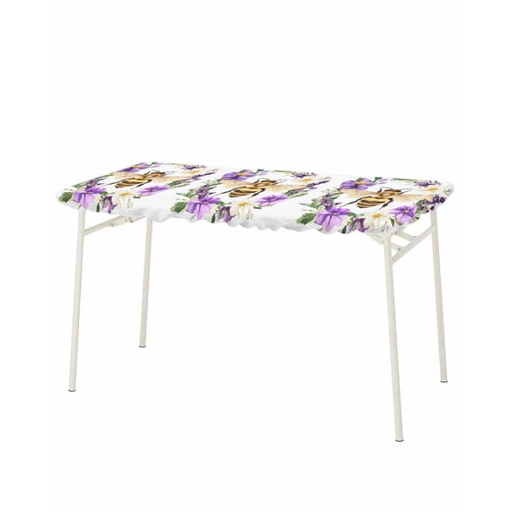Bee Floral Wreath Rectangle Tablecloth, Waterproof Elastic Fitted Table Covers for 8 Foot Tables, 32x96inch Decorative Tablecloths for Picnic, Camping, Indoor, Outdoor, Purple Flowers Farmhouse