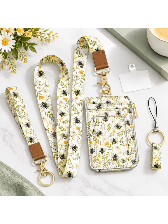 Bee Flower 2-in-1 Lanyard Wallet with ID Badge Holder and Keychain