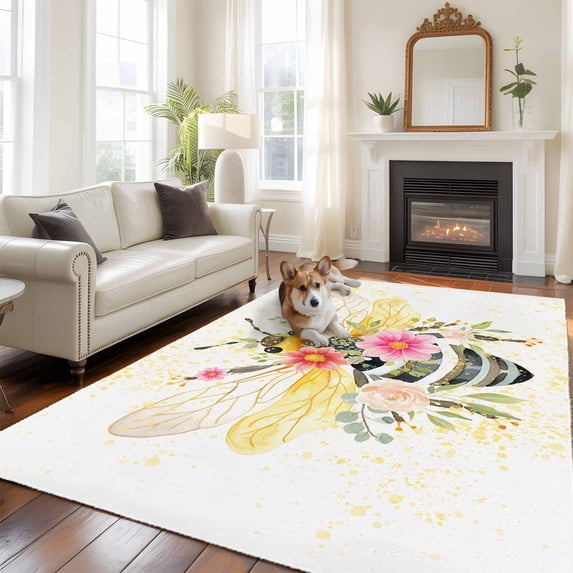 Bee Flower Area Rugs 5x7 ft Watercolor Floral Golden Polka Dot Washable Rug Non Slip Indoor Carpet Absorbent Floor Mat for Living Room Bedroom Dining Room