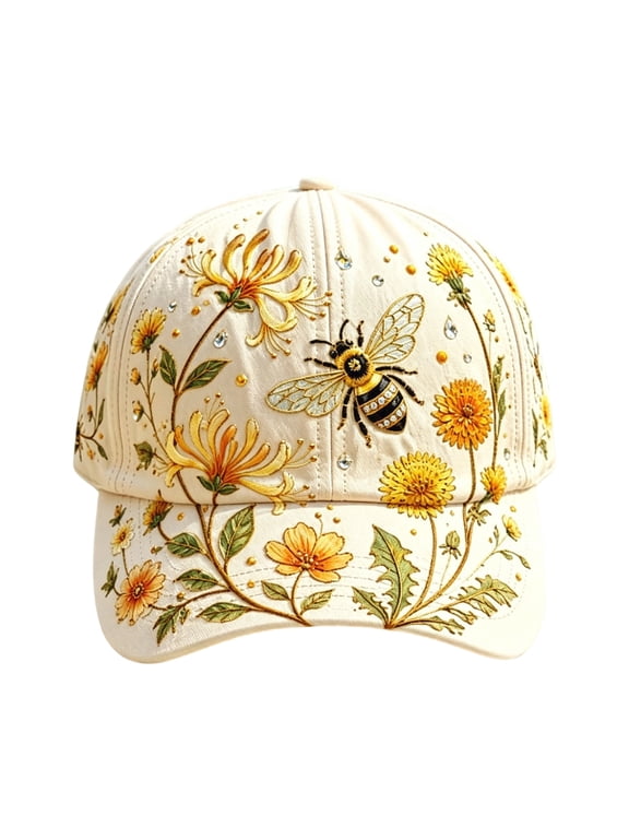 Bee and Flower Baseball Cap for Men Women, Adjustable Cotton Canvas Sun Hat with 2D Digital Print, Outdoor Casual Hat for Gardening Travel Music Festival