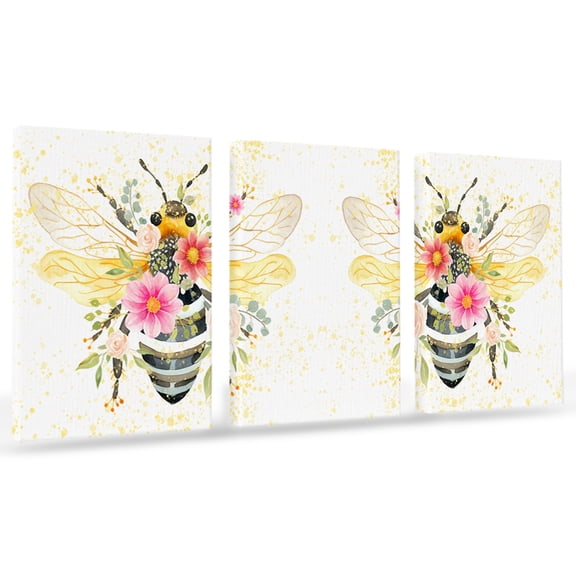 Bee Flower Canvas Wall Art 3 Panels, Watercolor Floral Golden Polka Dot Framed Wall Decor Modern Artwork Prints Painting for Living Room, Bedroom, Kitchen & Cafe Decor 20" x 24"