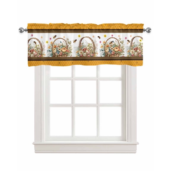Bee Flower Linen Curtain Valance for Bedroom/Bathroom/Kitchen/Office/Living/Dining Room Window,Colored Floral Daisy Spring Summer Orange Pocket Topper Drapes Decorative Cafe Drapery Panel 42"x18"
