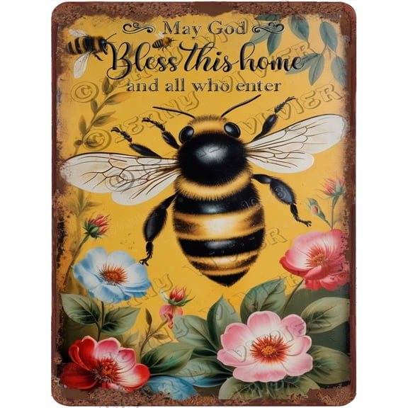 Bee & Flower May God Bless This Home And All Who Enter Vintage Aluminum Sign 12"x16" New Metal Sign Retro Style Decorative Sign for Home Office Cafes Club Pub