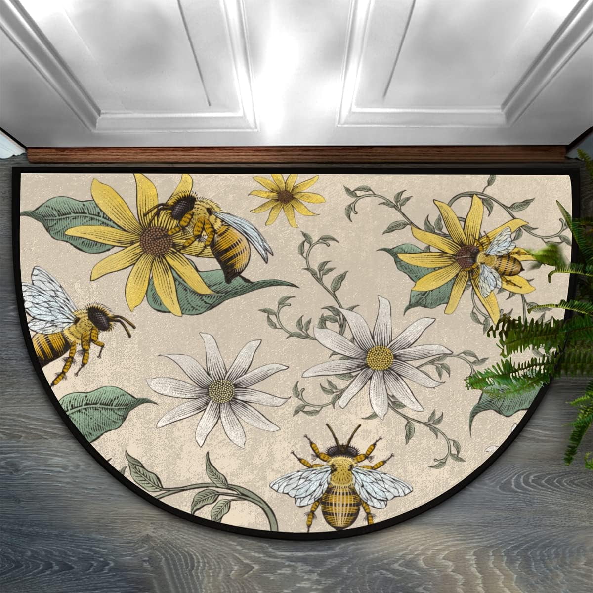 Bee Flower Pattern Half Round Door Mat Indoor Entrance Rugs Non Slip