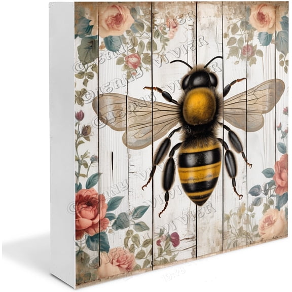 Bee & Flower Rustic Farmhouse Wooden Box Sign Desk Decor Decorative Sign Summer Bee Decorations for Home Office Kitchen Desk Shelf Cubicle Decor 5"x5"