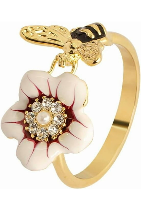 Bee Flower Statement Ring for Women Honeybee Insects Cubic Zirconia Pearl Floral Wrap Open Engagement Ring Cute Adjustable Finger Bands