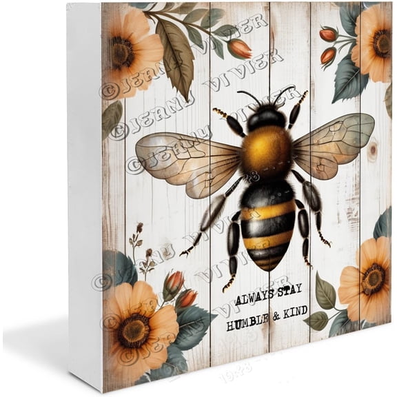 Bee and Flower Wooden Box Sign Bee Gifts Rustic Bee Decor Farmhouse Room Decor Table Centerpieces for Dining Room Wood Block Signs Housewarming Gifts 5x5 In
