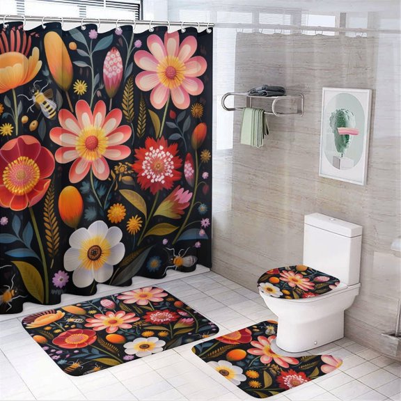 Bee With Flowers 4 Piece Bathroom Rug Set with Shower Curtain Bath Mat U-Shaped Floor Mat Toilet Lid Oval Rug Vintage Watercolor Plants Waterproof Shower Curtain for Bathtub Decor
