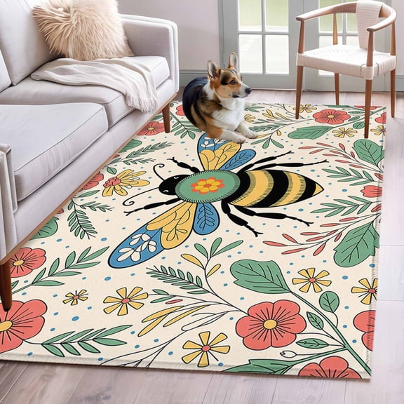 Bee Flowers Area Rug 4x6 Washable Rug Non Slip Farmhouse Retro Botanical Floral Dots Large Area Rug Indoor Floor Carpet for Entryway Bedroom Kitchen Living Room Home Office Dining Room Nursery
