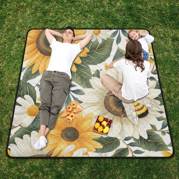 Bee Flowers Beach Blanket Outdoor Picnic Blanket 78"x 78" Waterproof Foldable for Beach Camping Travel Hiking Grass Lawn Park