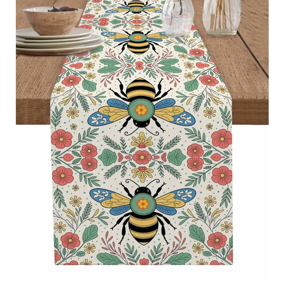 Bee Flowers Burlap Cotton Table Runner 14x72 Inches Long, Farmhouse Retro Botanical Floral Dots Farmhouse Table Runners, Outdoor Dining Tablecloths Decor for Baby Shower/Party/Wedding