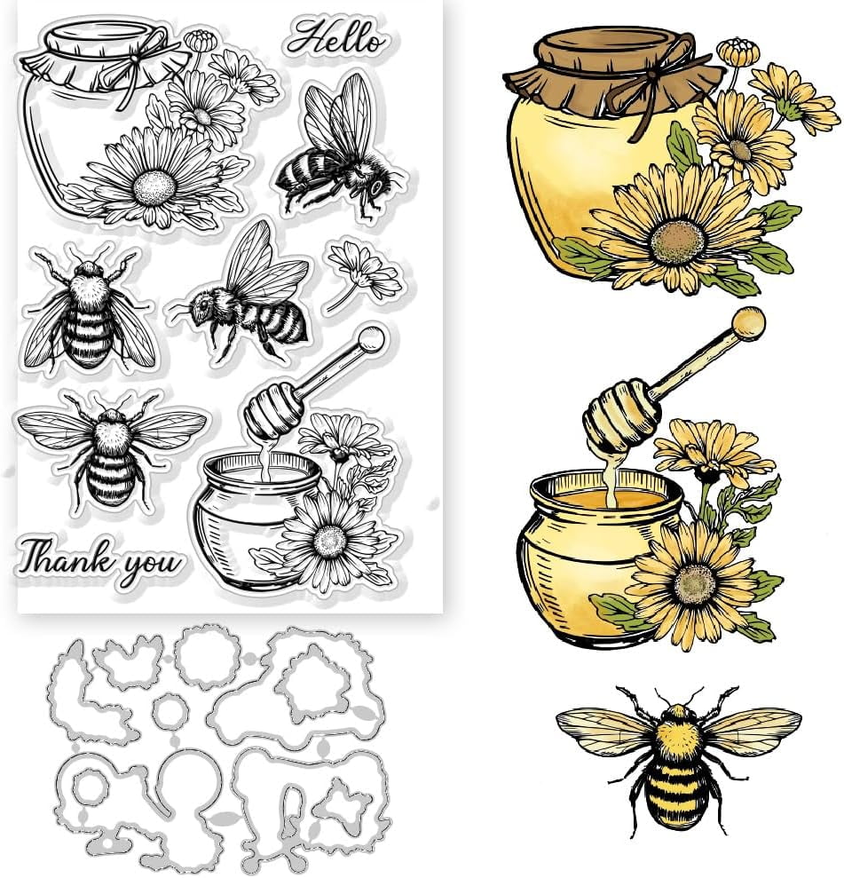Bee Flowers Clear Stamps and Cutting Dies Bee Honey Jars Daisies ...