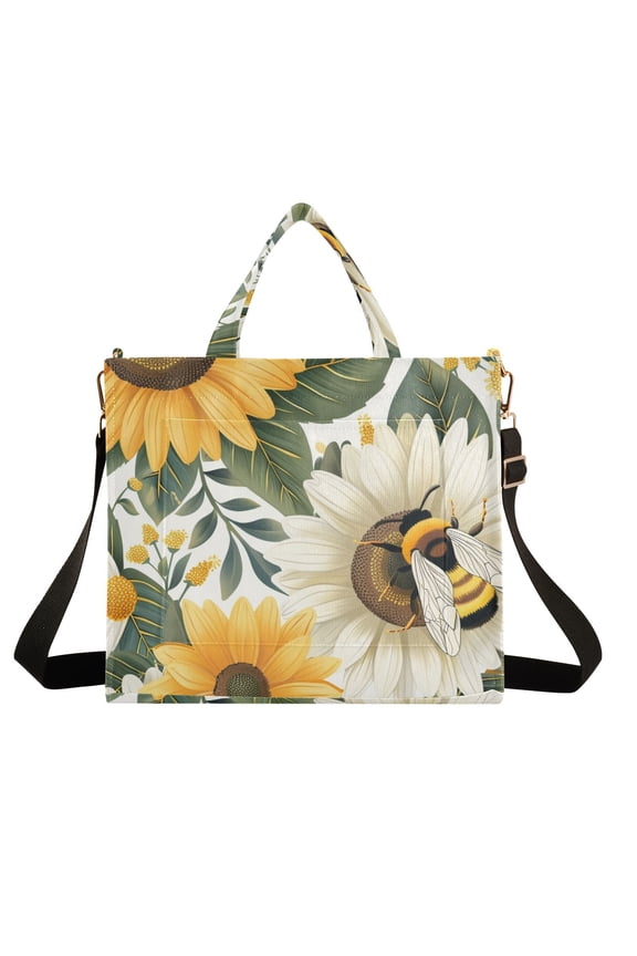 Bee Flowers Corduroy Tote Bag Handbag Large Messenger Bag Shoulder Crossbody Zipper Bag Purse