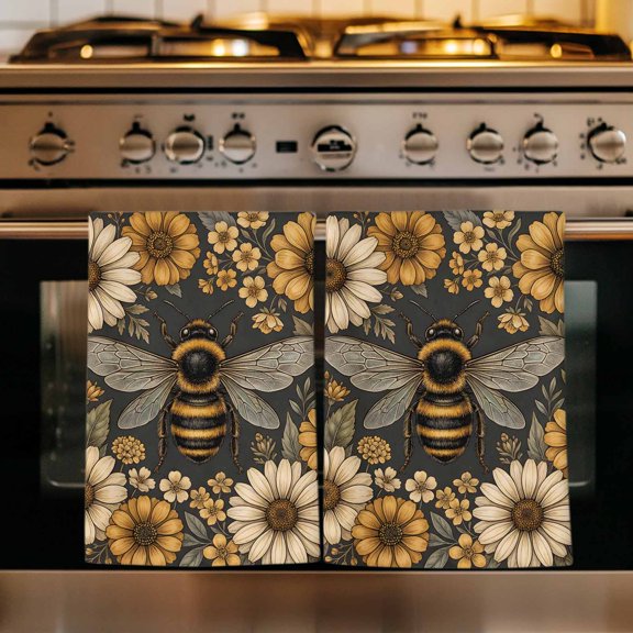 Bee Flowers Kitchen Towels Set of 1, Retro Country Animals Botanical Floral Plants Absorbent Dish Towels for Kitchen, Microfiber Hand Towel, Quick Drying Tea Towel for Cleaning Decorative Dishcloths