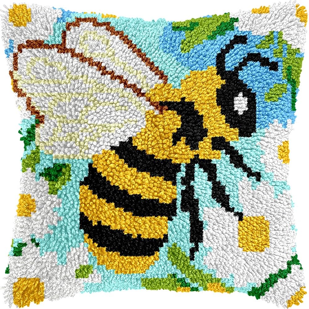Bee & Flowers Latch Hook Pillow Cover Kits for DIY Handmade Throw Pillow Cross Stitch Latch Hooking Pillowcase Kits with Preprinted Color Pattern Canvas Crochet Yarn Kits 17''X 17''(7-263)