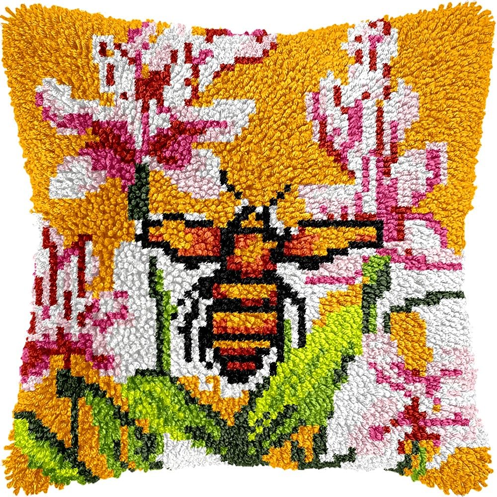 Bee & Flowers Latch Hook Pillow Kits for DIY Throw Pillow Cushion Embroidery Latch Hooking Pillowcase Kits with Preprinted Canvas Crochet Yarn Kits for Home Decor 17''X 17''(d80)