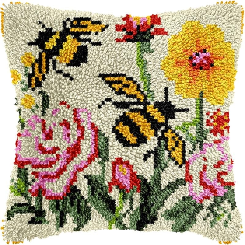 Bee & Flowers Latch Hook Pillow Kits Pillow Cover with Pattern Printed Canvas Sofa Hooking Pillowcase Cushion Crafts Embroidery Latch Hooking Crochet Starter Kits 17x17 inch(1)