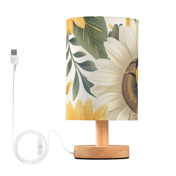 Bee Flowers Table Lamp USB Bedside Desk Nightstand Lamp Printed Gifts Small Lamp Wood Base for Bedroom Living Room Kids Room College Dorm