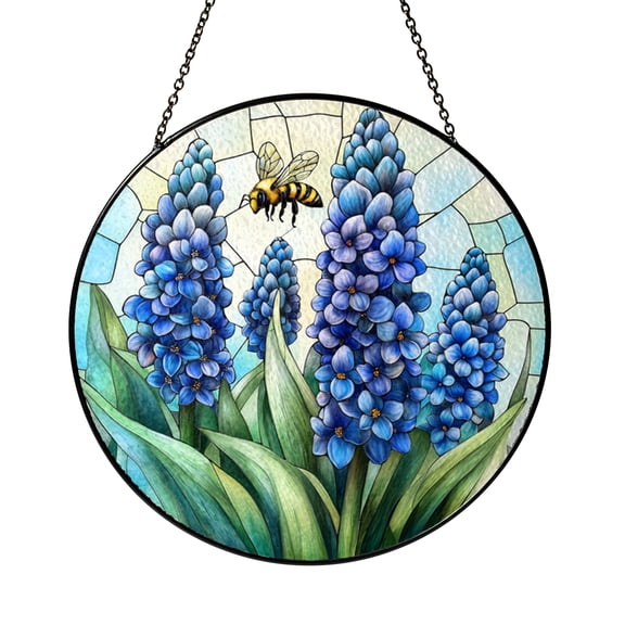 Bee Flying Near Blue Flowers Stained Glass Suncatcher Window Hanging, Honeybee Garden Decor, Nature Inspired Home Accent Gift