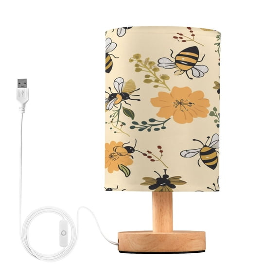 Bee Flying on Flowers Bedside Table Lamp Desk Warm Lights with USB Charging Port Cylinder LED Lamps for Bedroom Living Room Office
