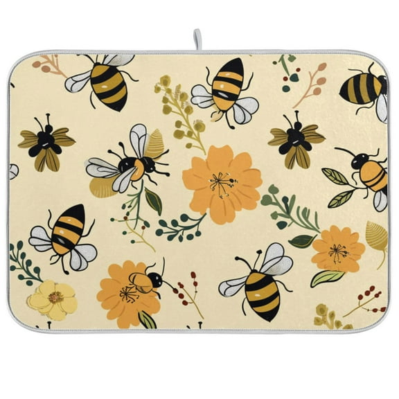 Bee Flying on Flowers Dish Drying Mats Kitchen Mat Microfiber Counter Absorbent Dish Pad Drainer Rack 16"x18"