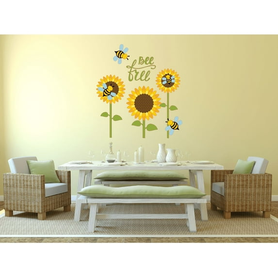 Bee Free Sunflower Bees Cute Cartoon Decors Wall Sticker Art Design Decal for Girls Boys Kids Room Bedroom Nursery Kindergarten House Fun Home Decor Stickers Wall Art Vinyl Decoration (30x27 inch)