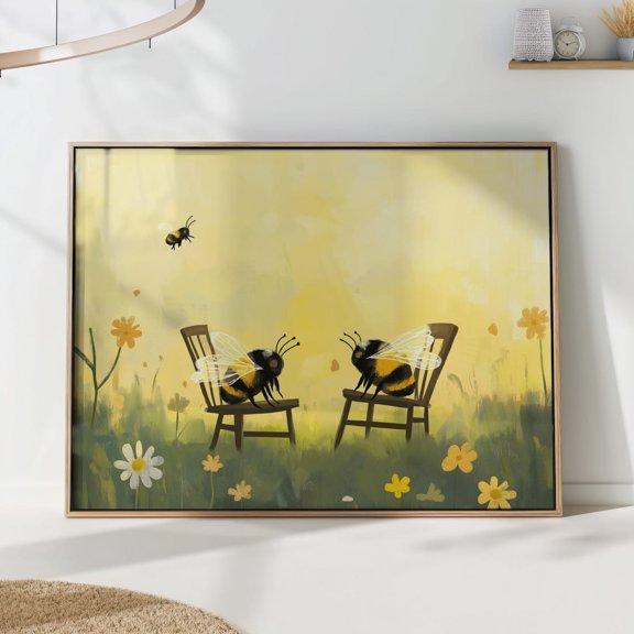 Bee Garden Chat Art Whimsical Bees on Chairs Summer Illustration, Unframed Paper Poster 8x10in