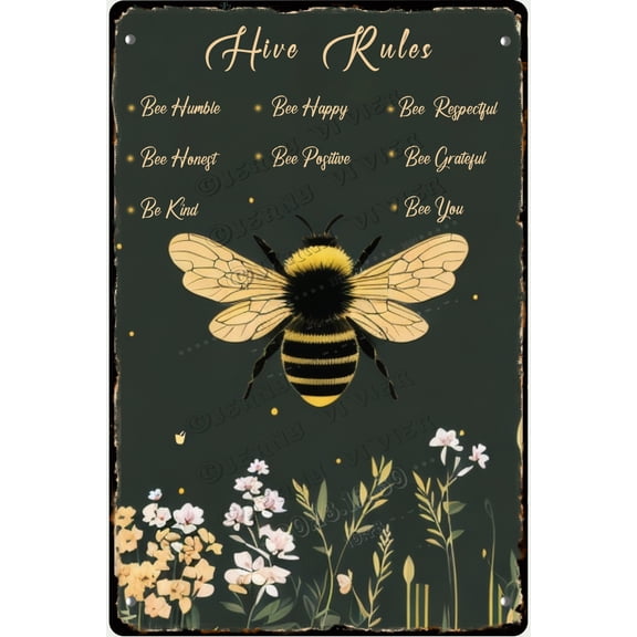 Bee Garden Decor Bee Hive Rules Sign for Home Honey Bee Decorations Inspirational Quote Sign Bumble for Teens Girls Bathroom House Holidays Christmas Decor 5.5x8 inches