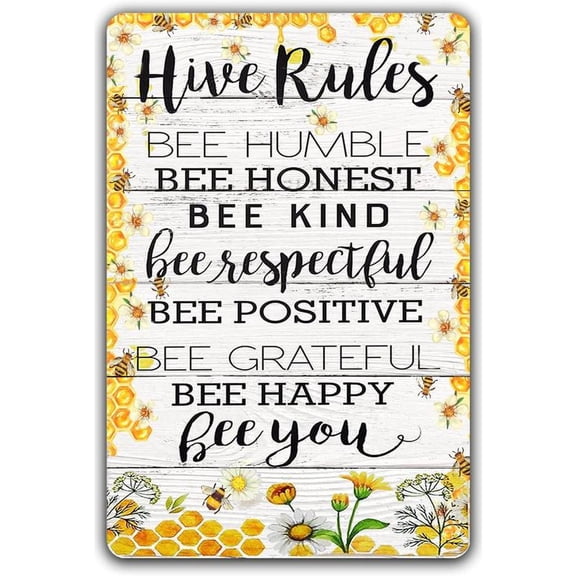 Bee Garden Decor Farm Hive Rules Tin Sign Vintage Bumble Bee Kitchen Wall Decor Classroom Inspirational Metal Signs Bee Humble Bee Honest Bee Kind Honey Bees Decorations For Home 8X12 Inch
