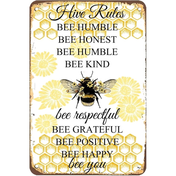 Bee Garden Decor Vintage Metal Sign,Hive Rules Bee Humble Bee Honest Bee Humble Creative Tin Signs for Home Garden Bars Farm Store Club Man Cave 12 X 8 Inch