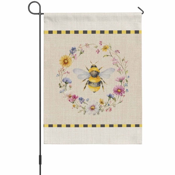 Bee Garden Flag 12 x 18 Inches, Insects Yellow Floral Wreath Pastoral Linen Texture Country Weather Proof Outdoor Patio Flags Double Sided Small Garden Decoration for Yard Outside Home