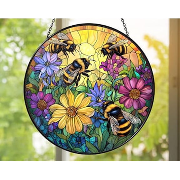 Bee Garden Glass Suncatcher: Handmade Wildflower Window Decor, 3.5 in