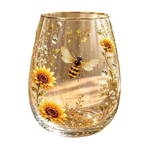 Bee Garden Morning Bliss Glass Tea Cup, Embossed Bee Sunflower Clear Glass Mug, Decorative Tea and Coffee Cups with Gold Rim for Hot and Cold Drinks, Unique Gift for Plant & Nature Lovers