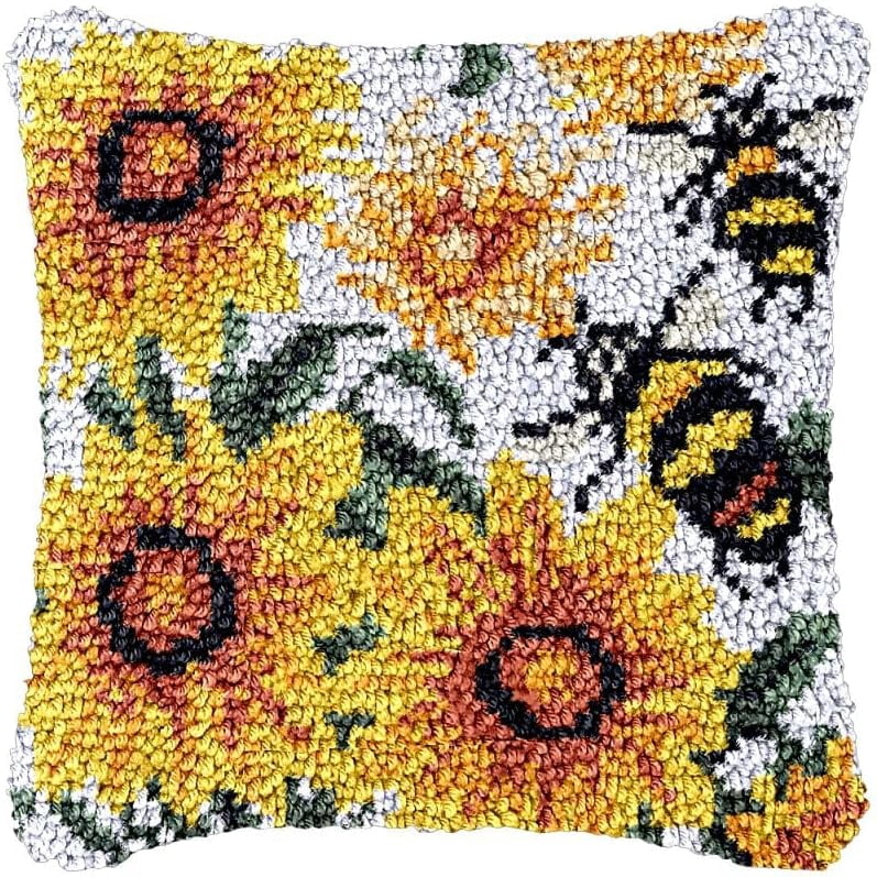 Bee Gather Bee on Sunflowers Latch Hook Pillowcase Kits for Adults and Starter DIY Cushion Cross Stitch Latch Hook Rug Kits Canvas Crochet Yarn Kits Needlework Crafts 17'' X 17''