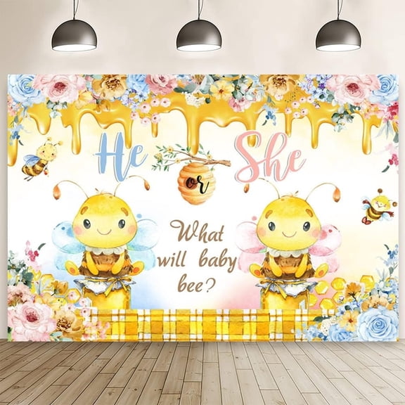 Bee Gender Reveal Backdrop He or She What Will Baby Bee Photogarphy Background Pink or Blue Floral Honey Baby Shower Party Decor