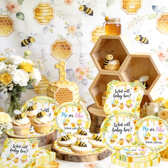 Bee Gender Reveal Party Supplies - Sweet Surprise Theme Disposable Plates & Napkins Set