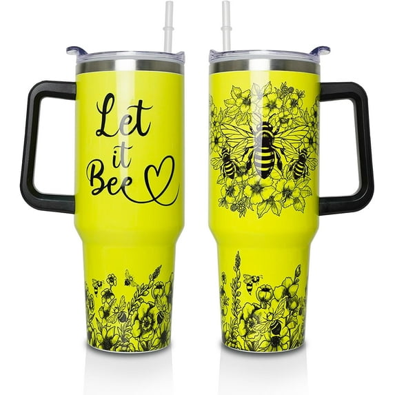 Bee Gifts Cup for Women Men, Let It Bee 40oz Tumbler with Handle and Straw, Stainless Steel Double Walled Insulated Mug Water Bottle, Bee Lover Birthday Gift Idea