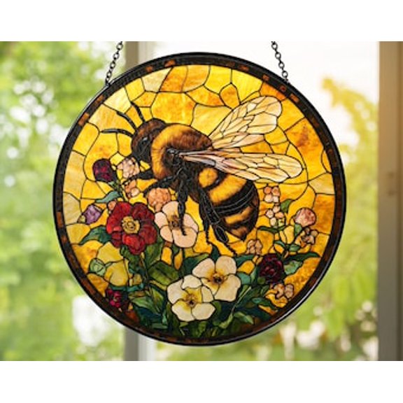 Bee Glass Suncatcher: Floral Window Hanging, Cottagecore Garden Decor, 3.5 in