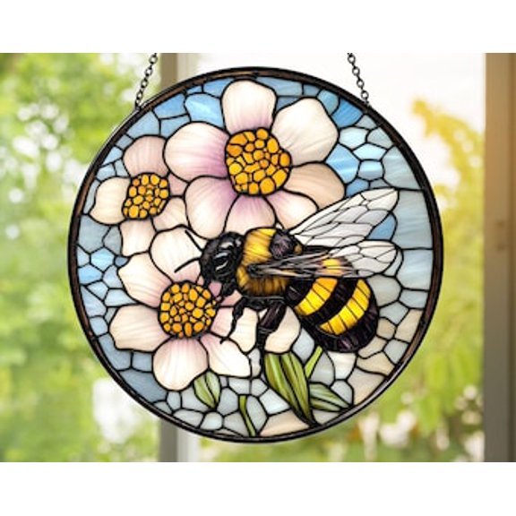 Bee Glass Suncatcher: Floral Window Hanging, Garden Décor, 3.5 in