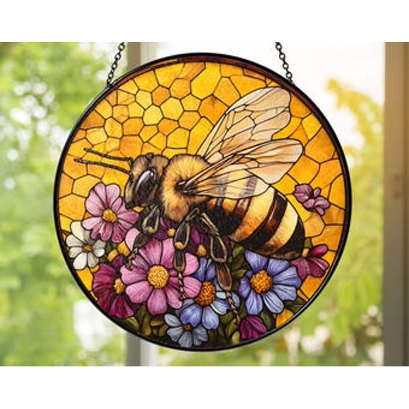 Bee Glass Suncatcher: Honeycomb Floral Window Hanging, 3.5 in