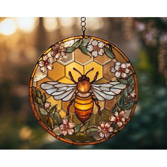 Bee Glass Suncatcher – Honeycomb Window Hanging Art, Nature-Inspired Decor, Garden Lover Gift, Mother’s Day Present, 3.5 in