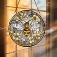 thumbnail image 1 of Bee Glass Suncatcher, Round Floral Window Panel, Yellow Flowers Garden Art, 3.5 in, 1 of 3