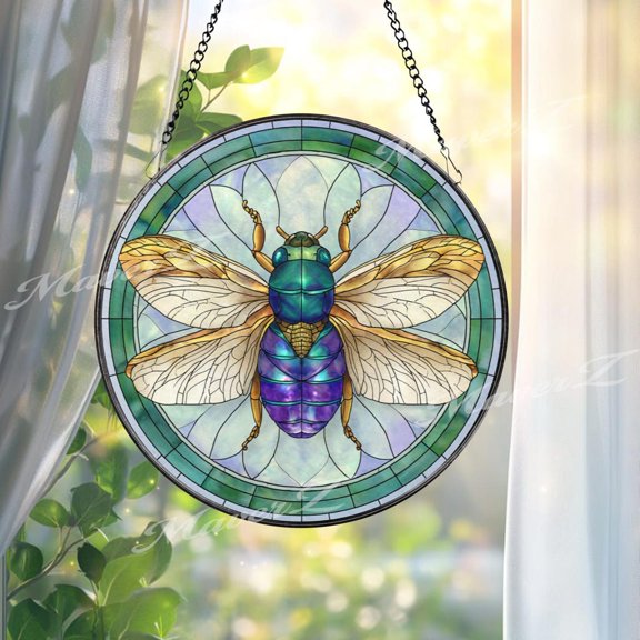 Bee Glass Suncatcher, Round Insect Window Panel With Golden Wings And Green Border, Nature Inspired Home Decor Gift, Suncatcher Window Hanging, 3.5 in