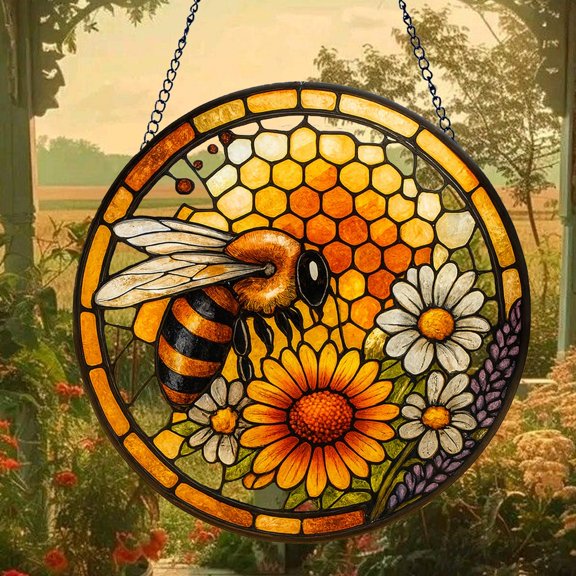 Bee Glass Suncatcher, Wildflower Nature Inspired Glass Home Decoration, 3.5 in