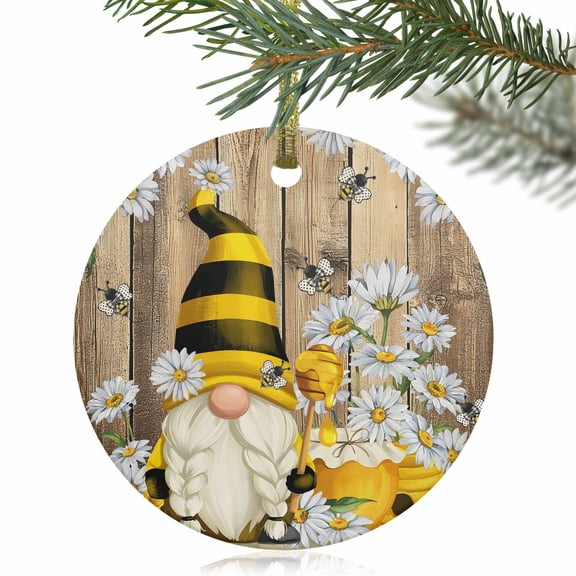 Bee Gnome Daisy Flower Christmas Ceramic Ornament 2025,3" Round Xmas Tree Hanging Accessories with Gold Ribbon