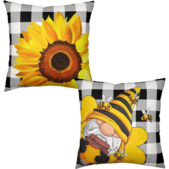 Bee Gnome Pillow Cases Set of 2 Black White Buffalo Plaid Sunflower Farmhouse Decorative Pillow Cover 20x20 Inch Spring Bumblebee Sweet Honey Jar Cushion Cases for Home Couch Sofa