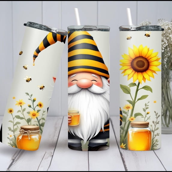 Bee Gnome Sunflower Tumbler: 20oz Stainless Steel Cup with Straw